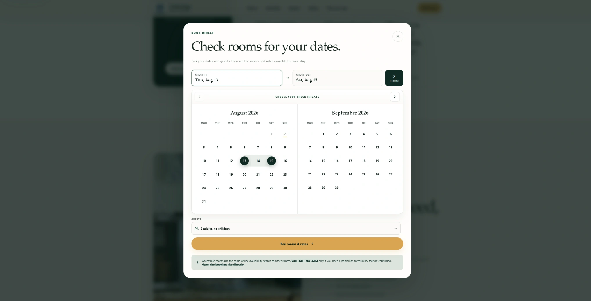 Booking date selector for Oakridge Inn and Suites redesign concept