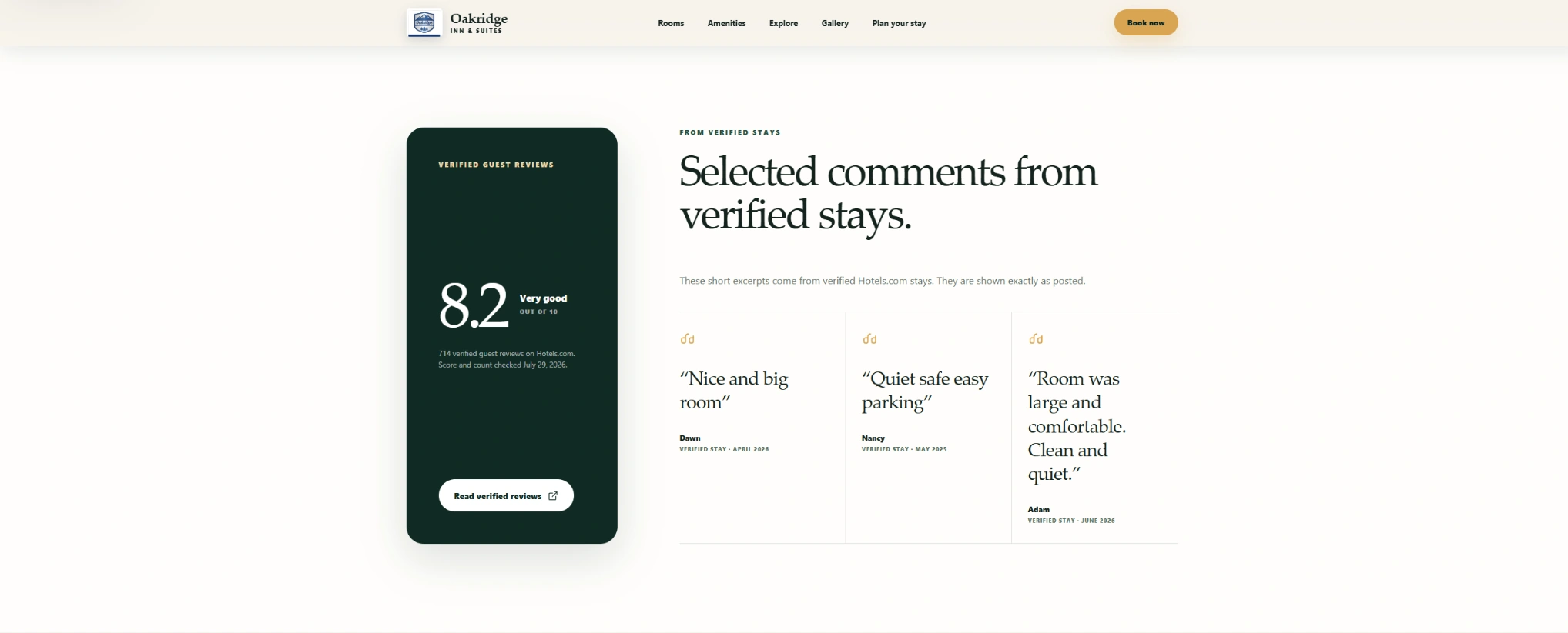 Verified review section for Oakridge Inn and Suites redesign concept