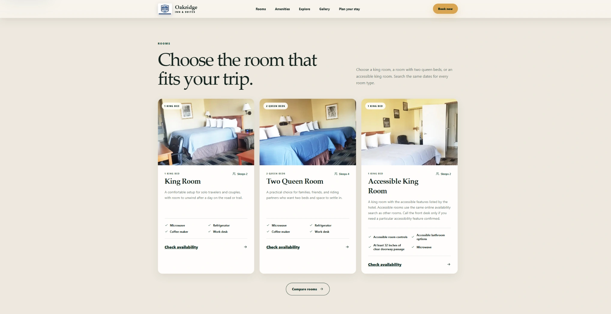 Room selection page for Oakridge Inn and Suites redesign concept