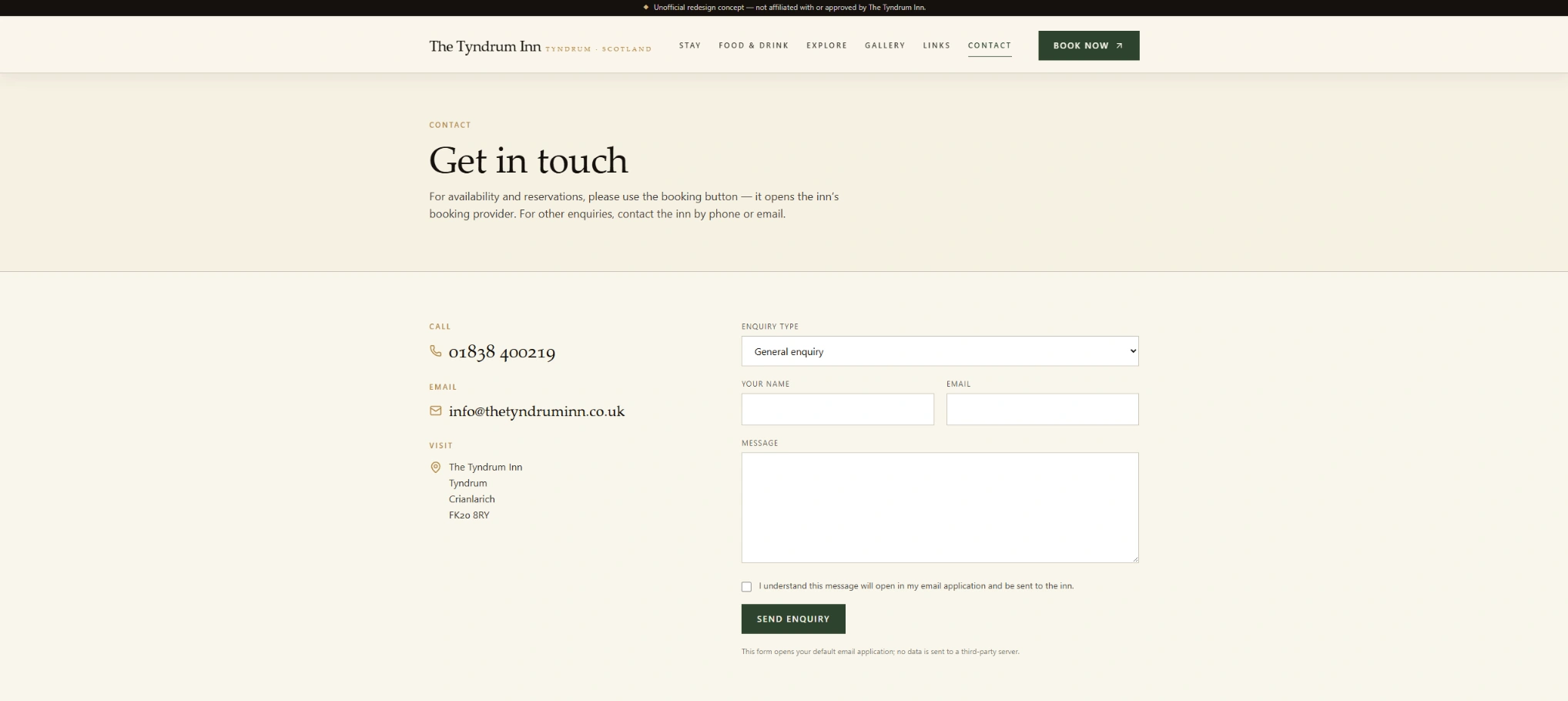 Contact page for The Tyndrum Inn redesign concept