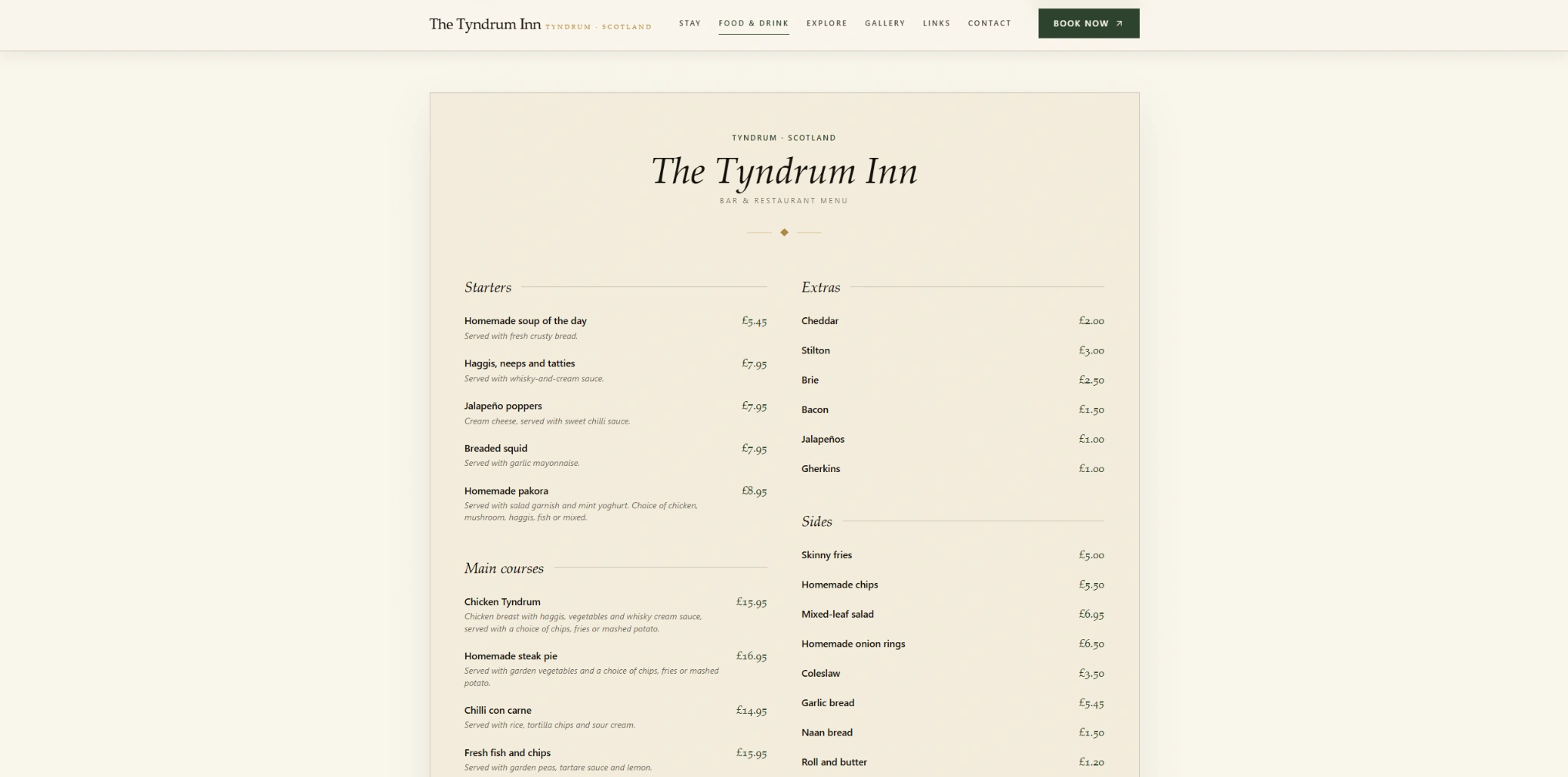 Restaurant menu page for The Tyndrum Inn redesign concept